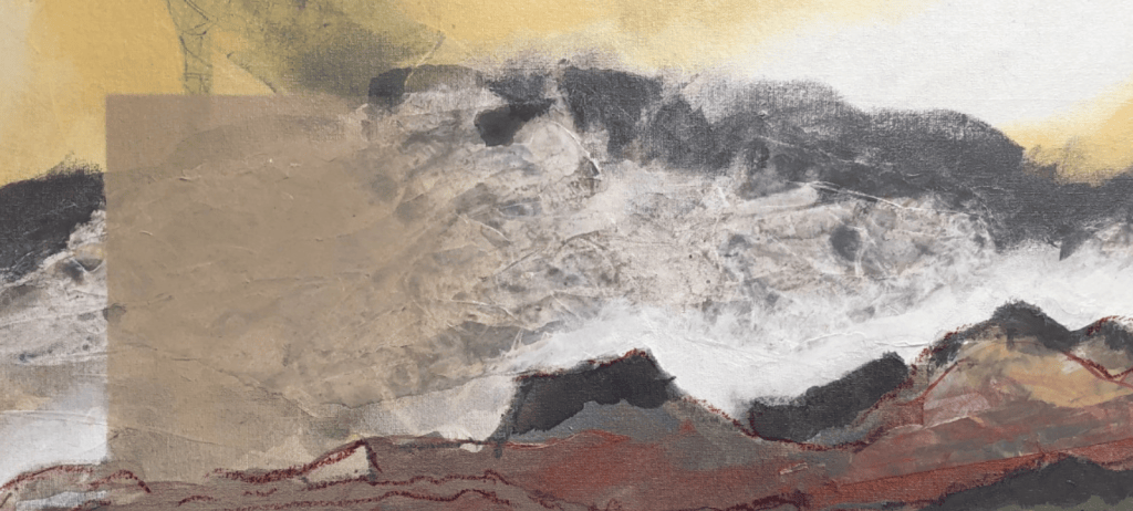 Abstract landscape painting featuring textured layers of earthy tones with a mix of yellows, blacks, and whites.
