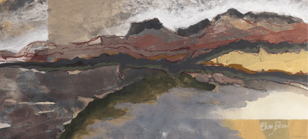 Abstract landscape painting featuring layered textures and warm earthy tones, resembling mountains and valleys under a cloudy sky.
